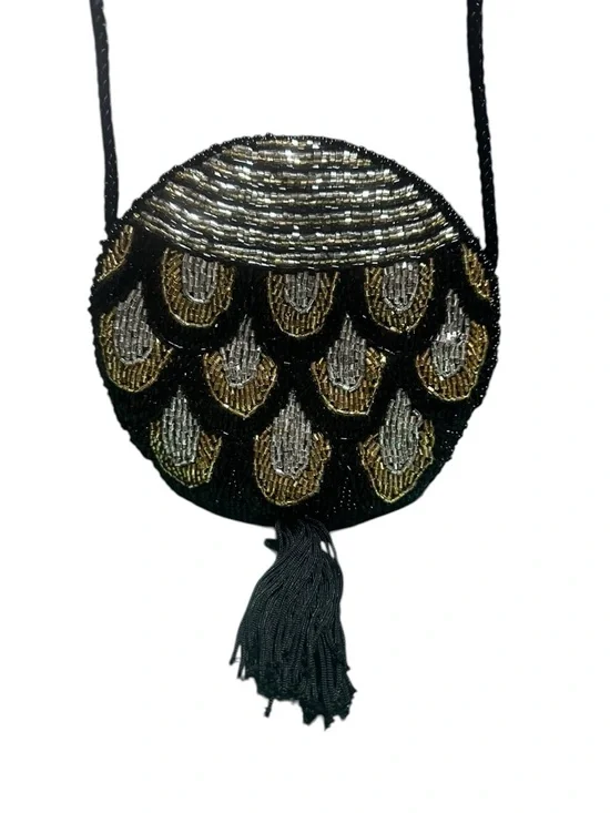 Vintage 90s Black Gold Silver Beaded Tassel Round Mini Purse w/ Rope strap - Picture 3 of 9